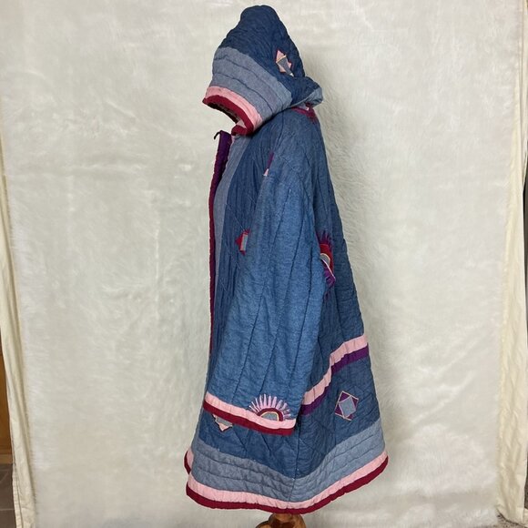 Vintage 80s 90s Denim Hooded Sun Embroidered Patchwork Denim Quilted Jacket L - Picture 5 of 12